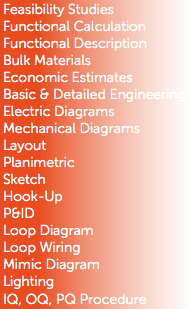 Feasibility Studies
Functional Calculation
Functional Description
Bulk Materials
Economic Estimates
Basic & Detailed Engineering
Electric Diagrams
Mechanical Diagrams
Layout
Planimetric
Sketch
Hook-Up
P&ID
Loop Diagram
Loop Wiring
Mimic Diagram
Lighting
IQ, OQ, PQ Procedure